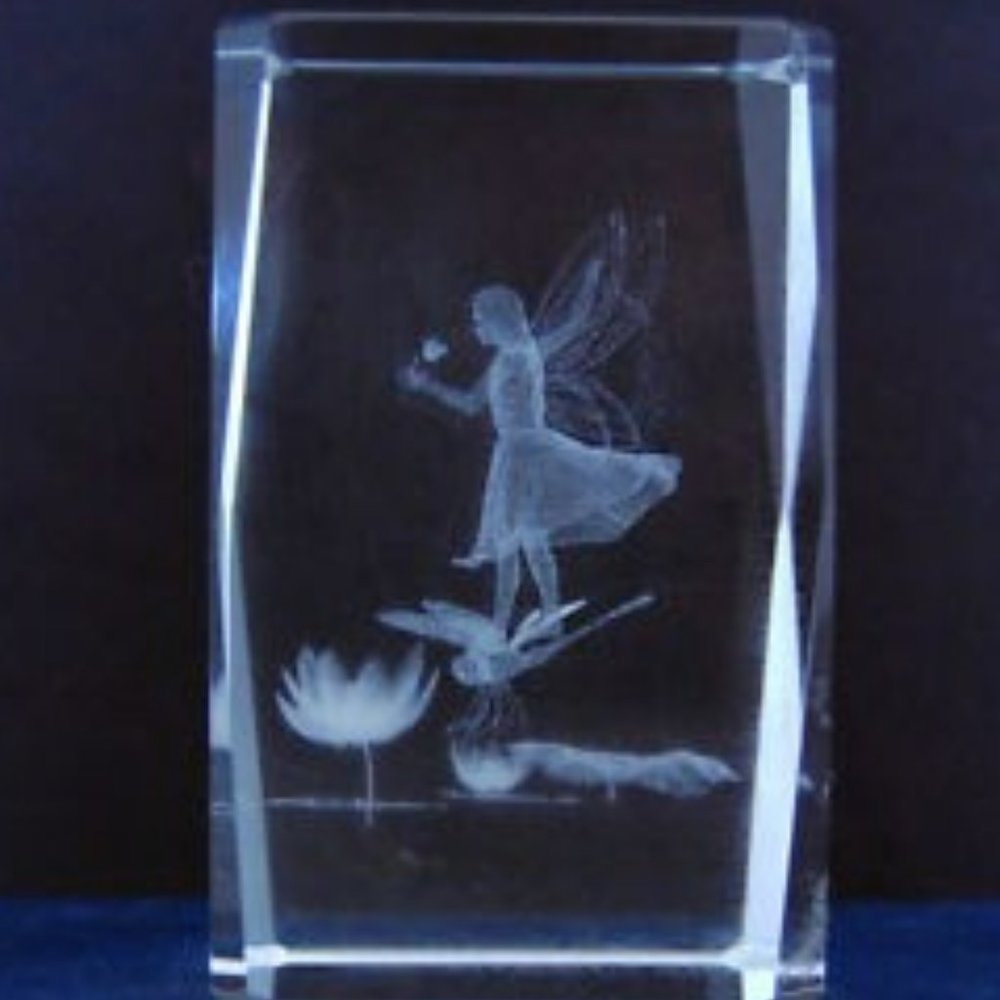 Vintage Fairy Dragonfly Laser Etched Crystal with Color Changing Display Stand